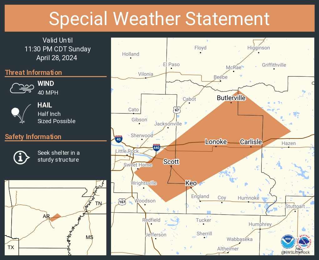 A special weather statement has been issued for Lonoke AR, Carlisle AR and Keo AR until 11:30 PM CDT