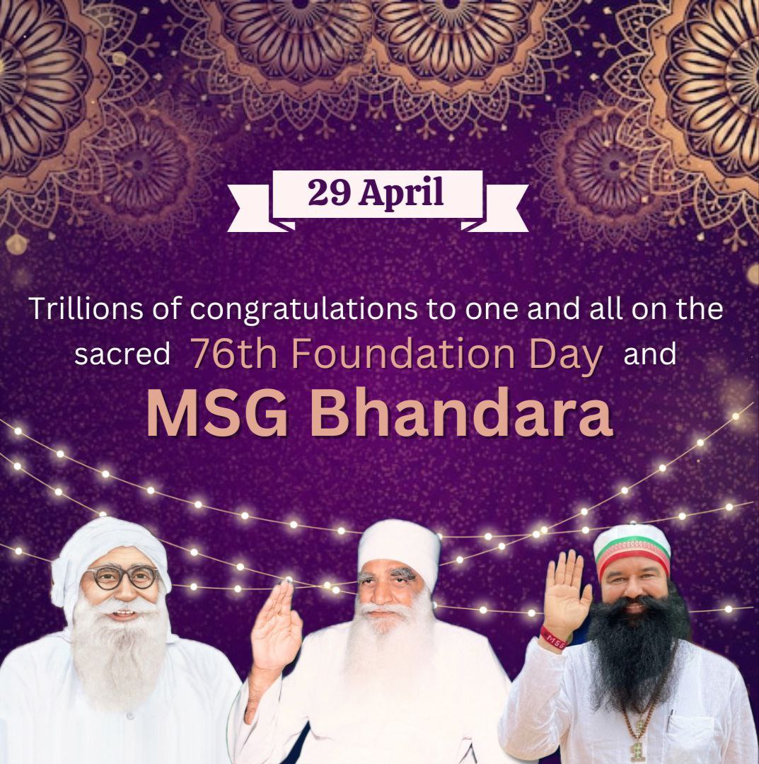 Today, millions of people are very excited to celebrate Foundation Day of Dera Sacha Sauda. They are celebrating their day by doing humanity works with the guidance of Saint Dr MSG Insan. #76YearsOfDeraSachaSauda Congratulations to all 🎉🎉🥳