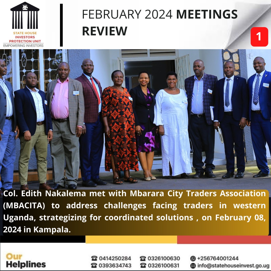 On February 8th,2024,head of Statehouse Investors Protection Unit @edthnaka had a meeting with Mbarara City Traders Association (MBACITA).They discussed challenges that are affecting Traders in Western Uganda and how best to coordinate to solve them. #EmpoweringInvestors