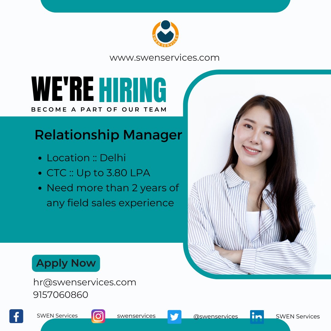 #swenservices #hiringalert #delhijobs
Hey there, looking for job in sales?
Here we have huge requirements for those who have more than 2 years of field sales experience.
Call or share your resume on 9157060860 for more details.
#salesandmarketing #relationshipmanager #salesjobs