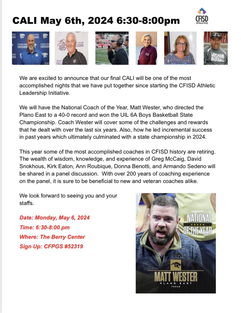 We’re excited about CALI #4 of 23-24. Some of @CFISDAthletics finest will be sharing their wisdom. @uiltexas 6A Boys 🏀 state championship coach @mattwester55 will also share his experiences @langhamcreekhs @CyFair_BFND @jvfalconsath @CyCreekBooster @jvhsprincipal @BFNDAthletics