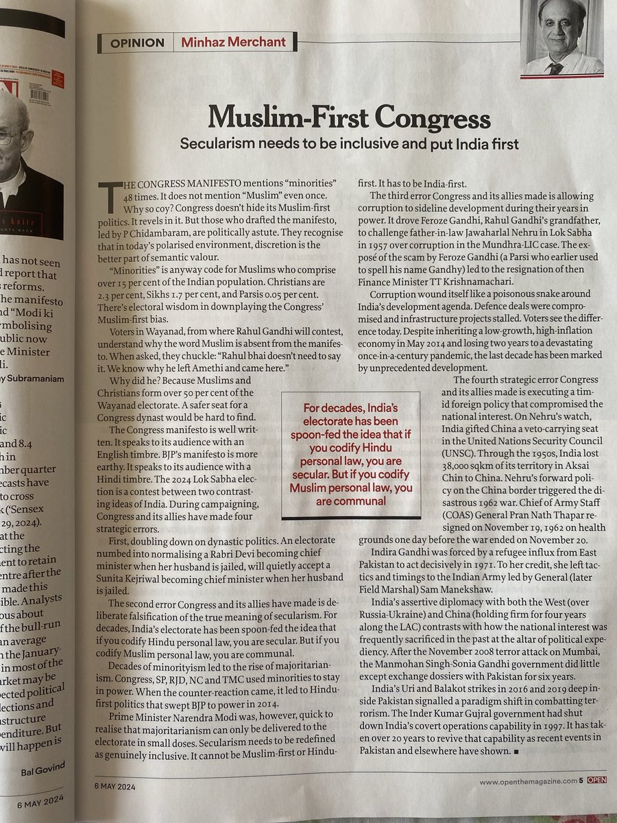 Minhaz Merchant (@minhazmerchant) on Twitter photo From Rajiv Gandhi’s Shah Bano to Manmohan Singh’s “First right on Indian resources”, Congress has made Muslim-first politics its electoral calling card.
In #LokSabhaElection2024 Congress has made four strategic errors. My <a href="/Openthemag/">Open Magazine</a> column From Rajiv Gandhi’s Shah Bano to Manmohan Singh’s “First right on Indian resources”, Congress has made Muslim-first politics its electoral calling card.
In #LokSabhaElection2024 Congress has made four strategic errors. My <a href="/Openthemag/">Open Magazine</a> column