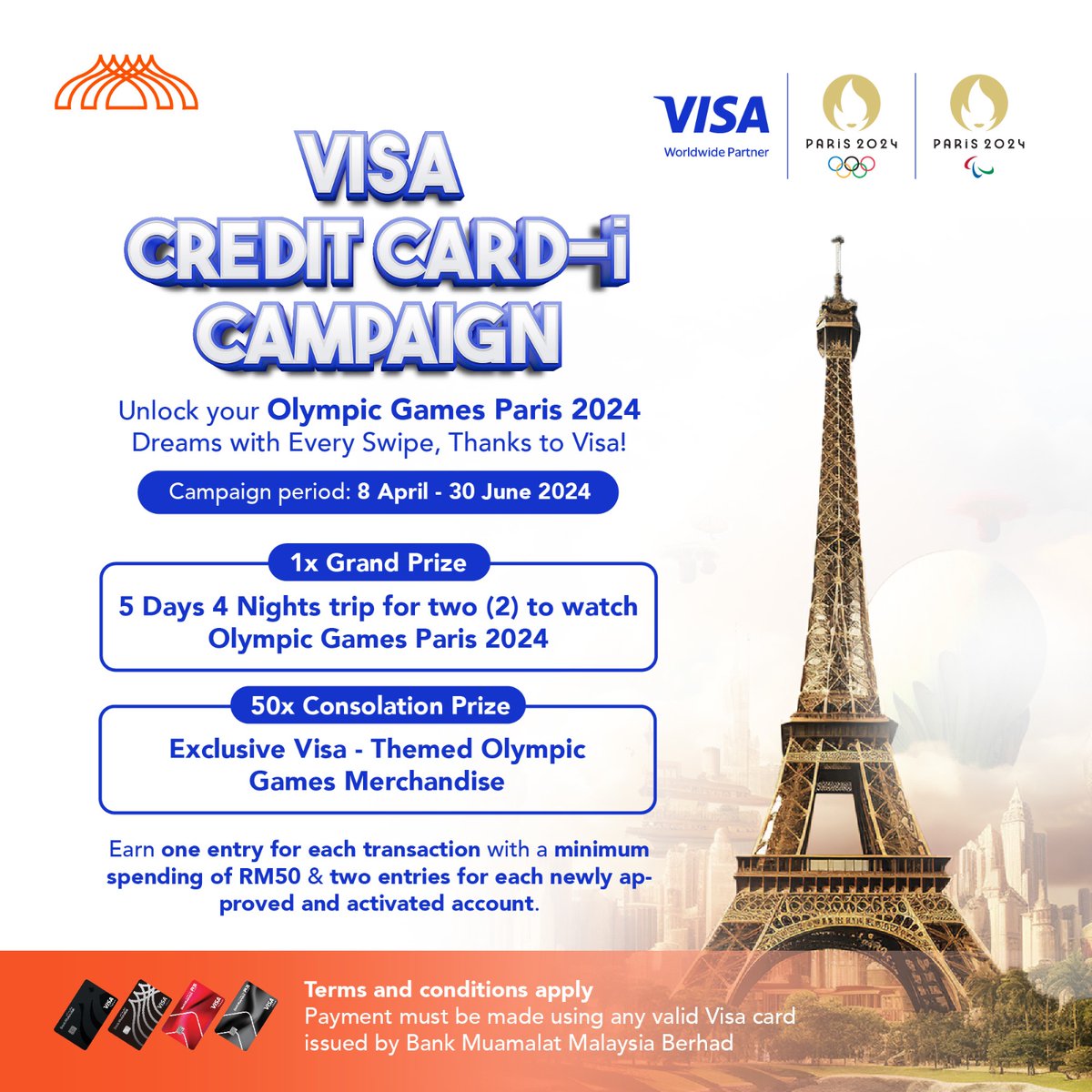 Swipe your Bank Muamalat Credit Card-i, and you could be in the running to win a trip to the Olympic Games Paris 2024.

Every swipe brings you closer to your dream adventure!

For more information, visit muamalat.com.my.

#VisaCreditCard-i
#OlympicGamesParis2024