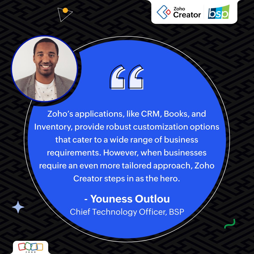 Youness Outlou, CTO at @bsppartner, shares his take on how Zoho Creator plays a vital role in the digitization of business operations. Dive in to learn how his customers utilized low-code to achieve incredible business growth. 🔗 zurl.co/GcPG #LowCode @Zoho