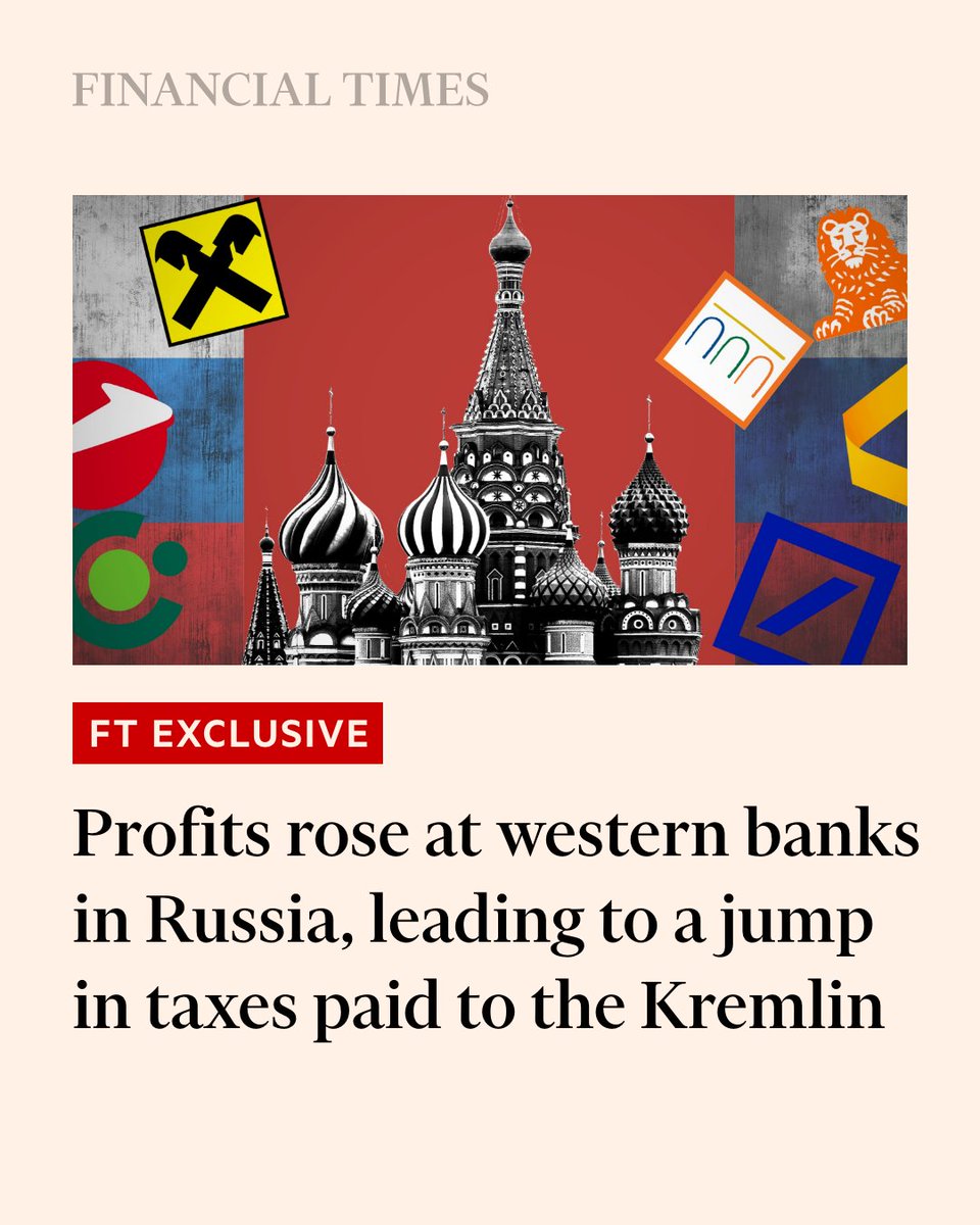 Combined profit at the largest western banks that remain in Russia, including Raiffeisen Bank International, UniCredit and Deutsche Bank, jumped in 2023 to three times that of prewar levels, resulting in a fourfold increase in taxes paid to the Kremlin on.ft.com/3QjzotV