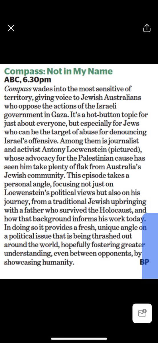 Great review today of the forthcoming film, ‘Not In My Name’, on @ABCTV on 5 May at 6.30pm AEST on the Compass program. The review appears in the @smh and @theage. The film is made by Brietta Hague. This review by Ben Pobjie captures the essence of challenging Israel as a Jew