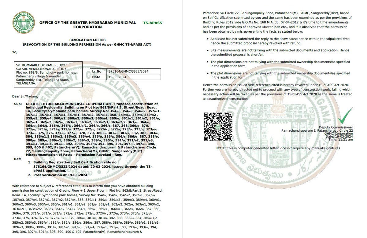Symphony_Utd's tweet photo. @GHMCOnline @CommissionrGHMC - If 3 parts of an incorrectly split plot are denied building permissions on the grounds of layout deviation,misrepresentations of plot size and facts,why permission given for 1 part of the divided plot? plot 863 @ symphony Park Homes, Patancheru https://t.co/ItmgBdiYzv