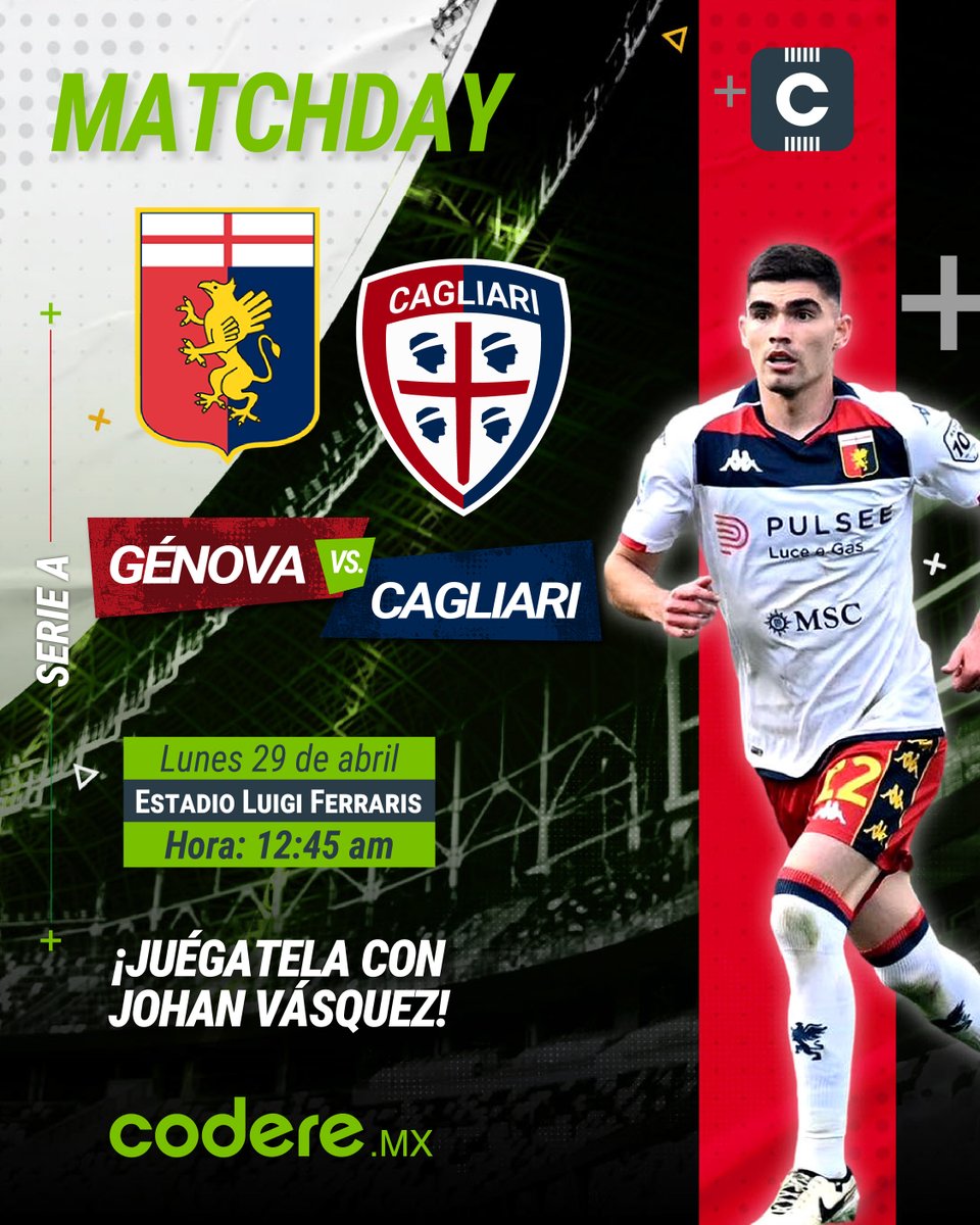 ⚽️ ¡PURO CATENACCIO! 🔒 Génova quiere retomar el buen paso en la Serie A y terminar con los cuatro partidos sin derrota de Cagliari. Mi sobrino Johan Vásquez va por otro buen partido. ¿Quién ganará?