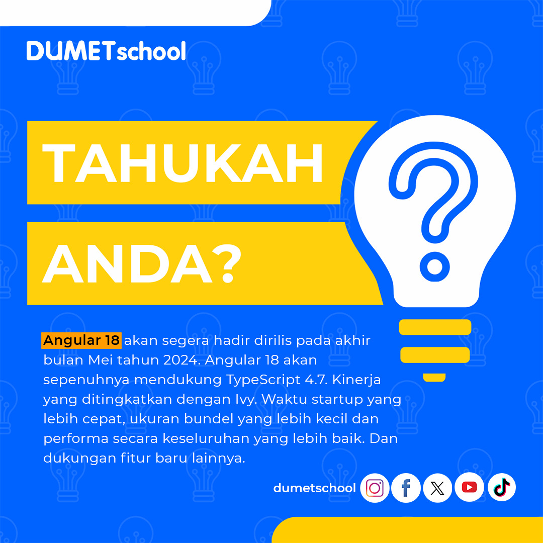 dumetschool's tweet image. Katanya, tanggal 20 Mei 2024 ini, Angular 18 bakal rilis! Kira-kira apa saja ya fitur barunya? 🤔
Siapa yang nungguin juga? 🙋♀️🙋♂️
#angular #javascript #angular18