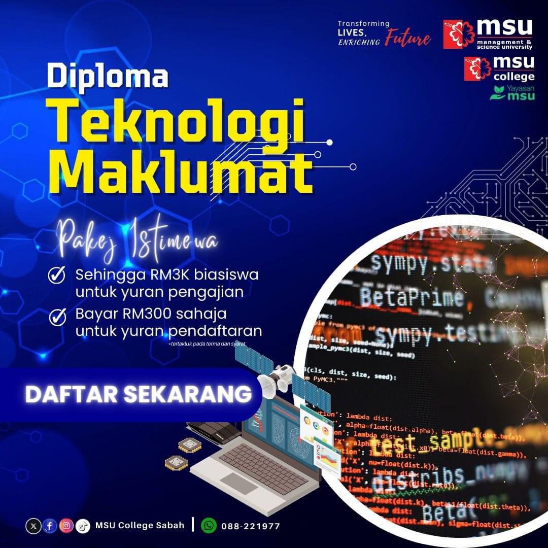 Join us now and be #MSUrian.

DIPLOMA TEKNOLOGI MAKLUMAT

Admission Open. Apply Now!

💯 Up to 100% Scholarship
👩🏻‍🎓 Compelling learning experiences.

Contact us now at 088-221977
Or click the link below to get connected: forms.gle/JZ5Sra4m2ZtirU…

No. C-01, Aeropod Commercial Square