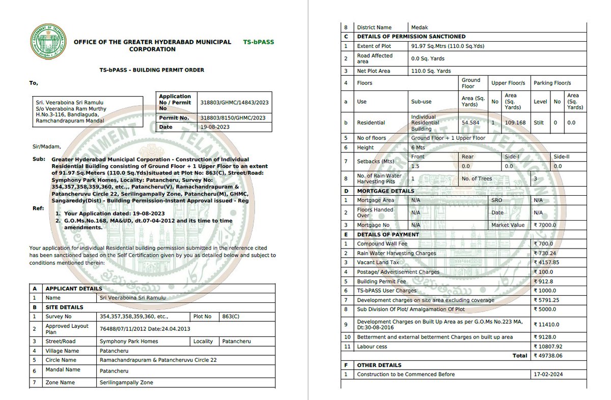 Symphony_Utd's tweet photo. @GHMCOnline @CommissionrGHMC - Please revoke permission - 31880/8150/GHMC/2023 dated 19/08/23 since permissions for all other parts of the plot 863 (incorrectly divided) @ symphony park homes, patancheru were denied due to layout deviation and misrepresentation of plot sizes. https://t.co/W6pzay8kyG