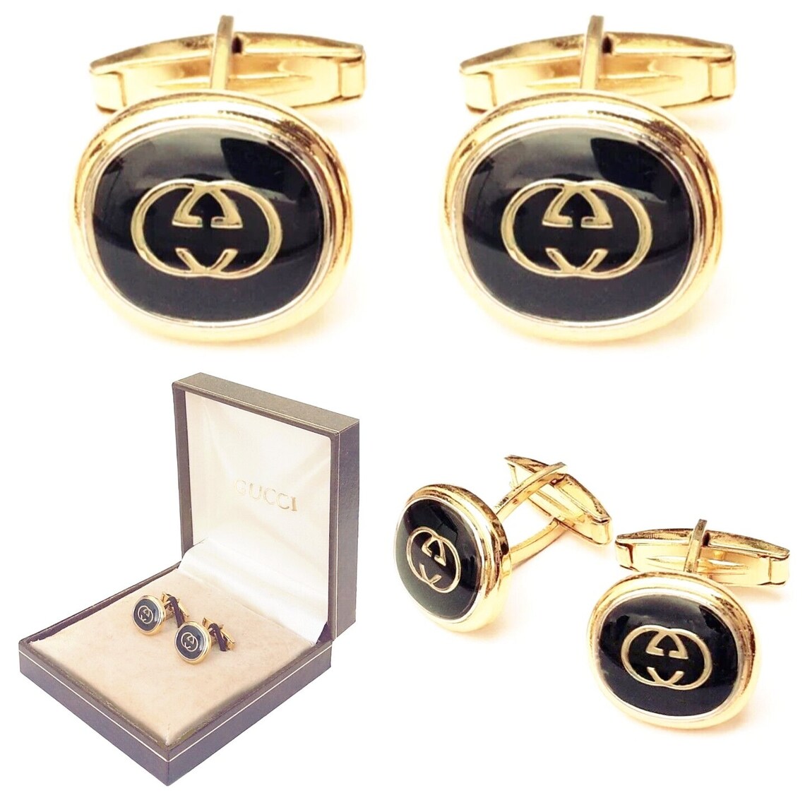 #Gucci #cufflinks 1970s NEW #vintage - Black/Gold - GG-Motif - Hallmarked - #mengifts #etsygifts Cuff Links #Etsy t.ly/tCdQ3