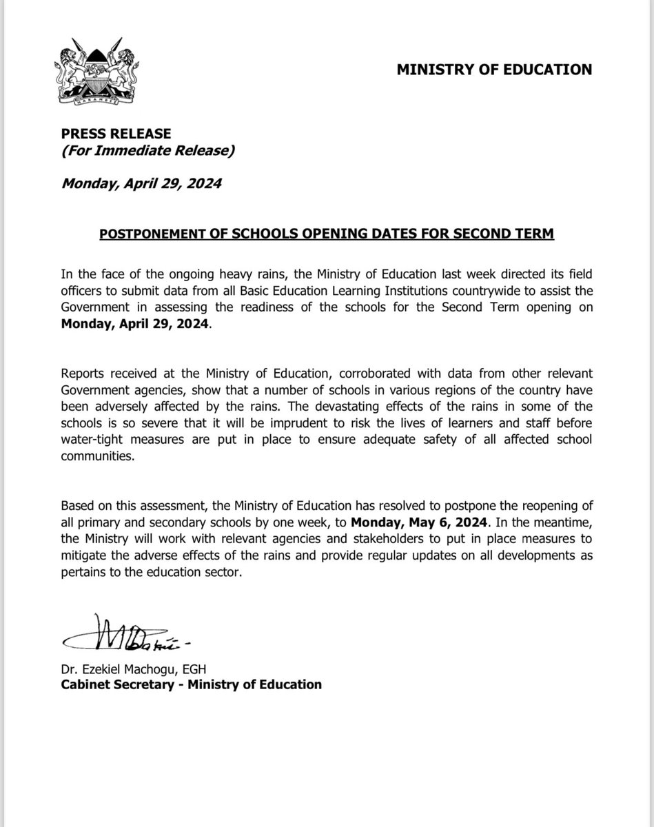 Good morning, kindly see and share the directives regarding schools openning dates.