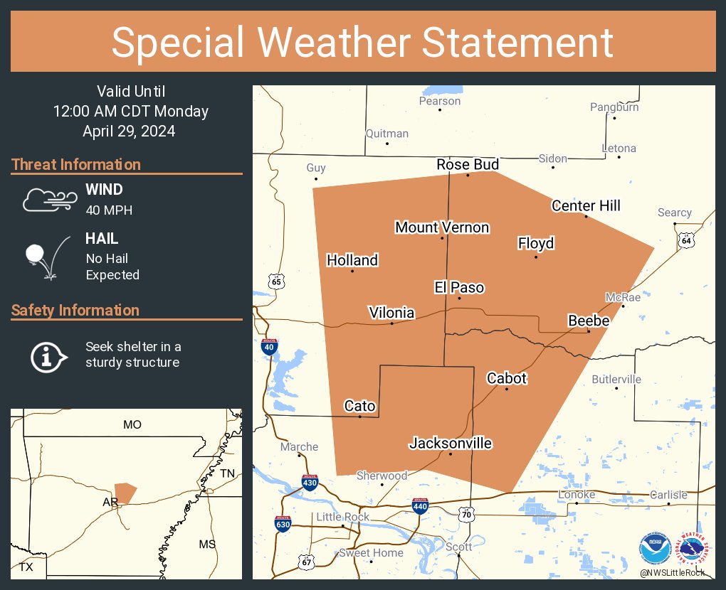 A special weather statement has been issued for Jacksonville AR, Cabot AR and Beebe AR until 12:00 AM CDT