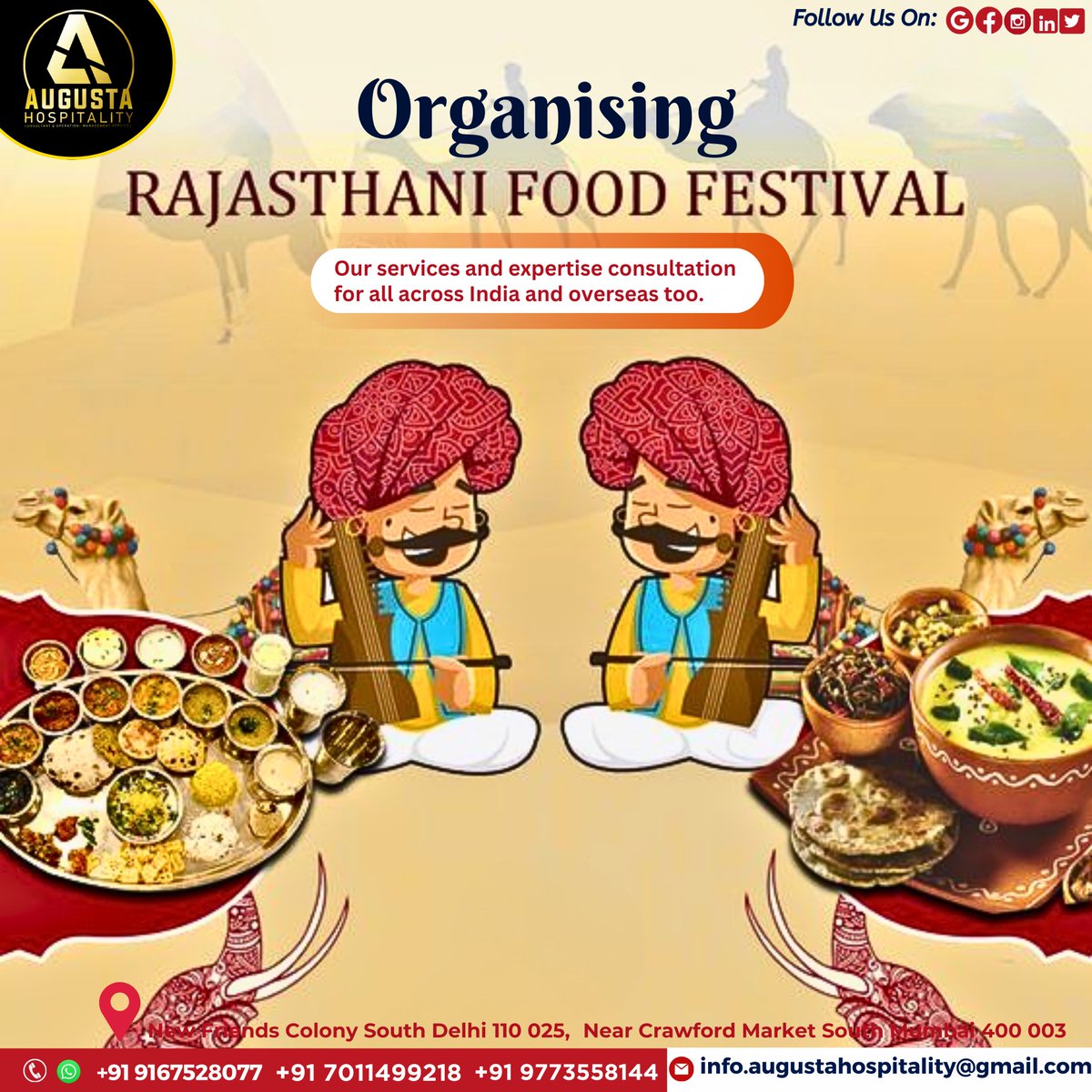 Augusta Hospitality Consultant & Operation -Management Services
Organizing #rajasthanfoodfestival Indulge in the rich flavors of Rajasthan!

#RajasthaniFoodFestival #rajasthanifood #rajasthani #indian #cuisine #incredibleindia #foodfestival #FoodFest #FoodFiesta