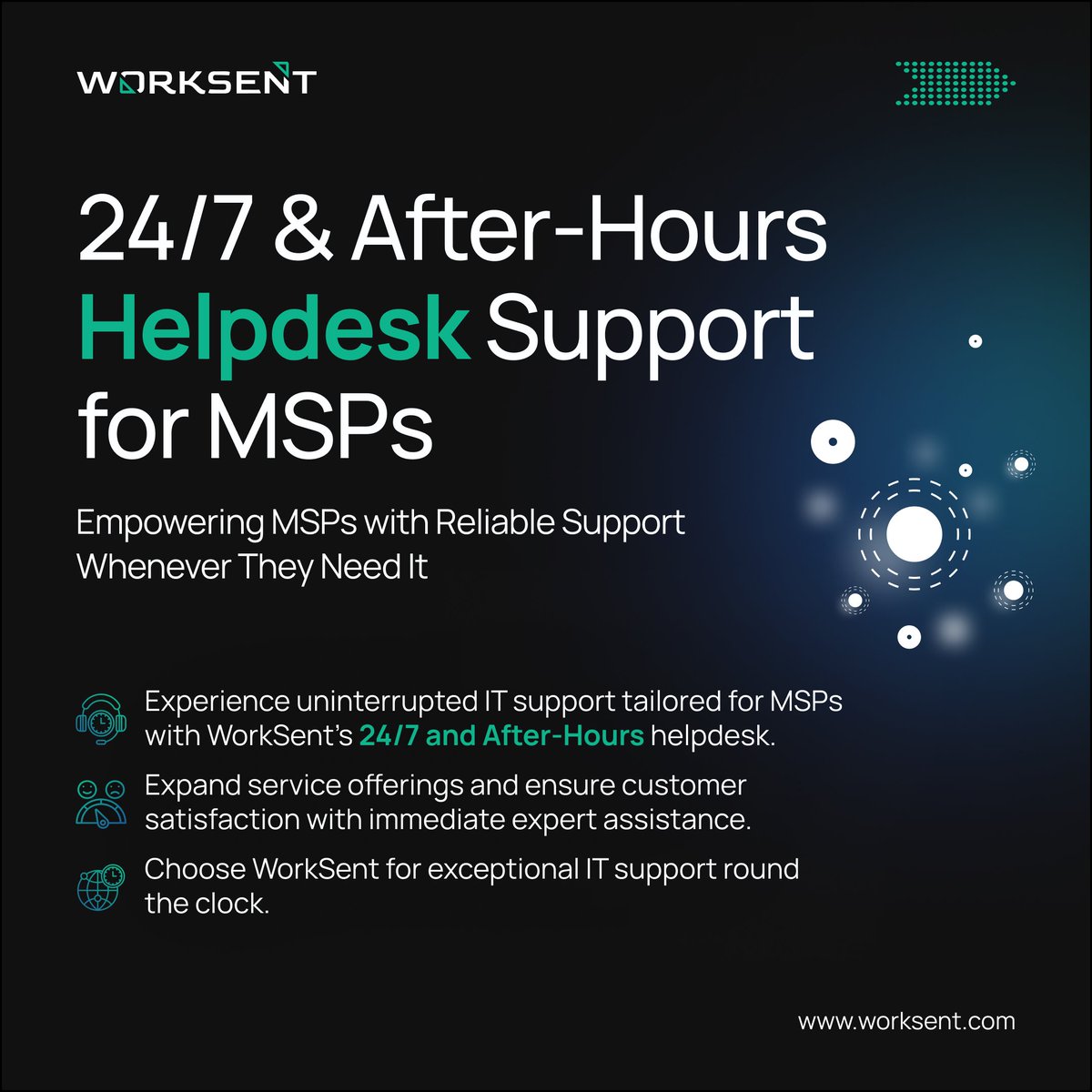 'Get round-the-clock and after-hours Helpdesk support for your MSP business with Worksent. Let's connect and tailor a solution to fit your needs.'

#helpdesksupport #helpdesk #24x7 #24/7Support #MSP #Whitelabelsupport #whitelabel #techsupport #USA #Managedservices #managedit