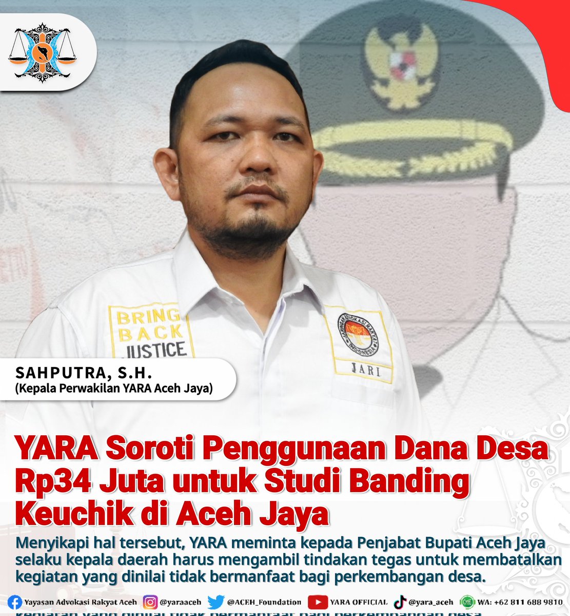 📰 #PublicUpdate | Kepala Perwakilan YARA Aceh Jaya, Sahputra menyoroti terkait isu keuchik dan sekretaris gampong yang akan melakukan studi banding ke luar daerah dengan menghabiskan dana desa senilai Rp34 juta per gampong. Kegiatan ini sangat sia-sia.

#YARA #AcehJaya #danadesa