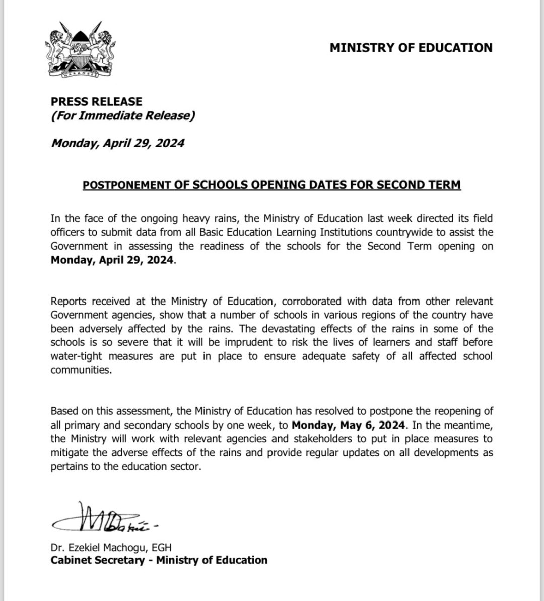 Schools delay re-opening for second term from April 30 to May 6 over #flooding disaster ~ @EduMinKenya CS @machoguezekiel #EducationKE