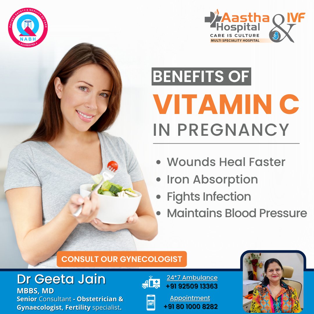 BENEFITS OF VITAMIN C IN PREGNANCY
• Wounds heal faster
• Iron Absorption
• Fights Infection
• Maintains Blood Pressure

#aasthahospitalivfcentre #delhi #tilaknagardelhi #PeriodProblems #PregnancyCare #ExpectingMom #pregnancy #pregnant #pregnancytips #gynecology