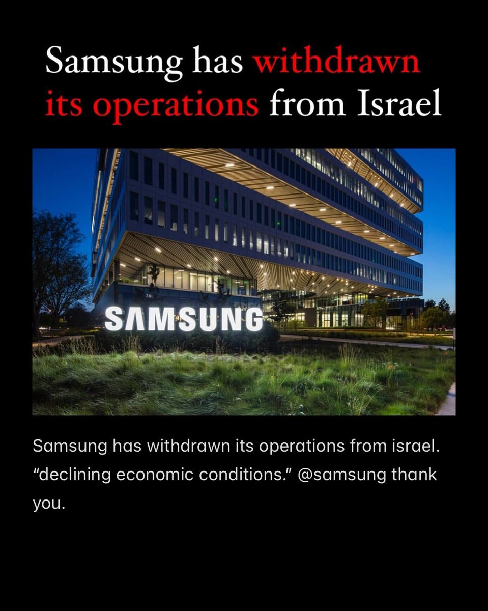 Samsung has withdrawn its operations from israel.  “declining economic conditions.” @samsung thank you. 

#IsraeliTerrorism

#FreePalestine 🇵🇸 #EndIsraeliApartheid #IsraeliCrimes #EndIsraeliSettlerColonialism #Nakba #BDS #EndIsraeliImpunity #Palestine @KhaledBeydoun