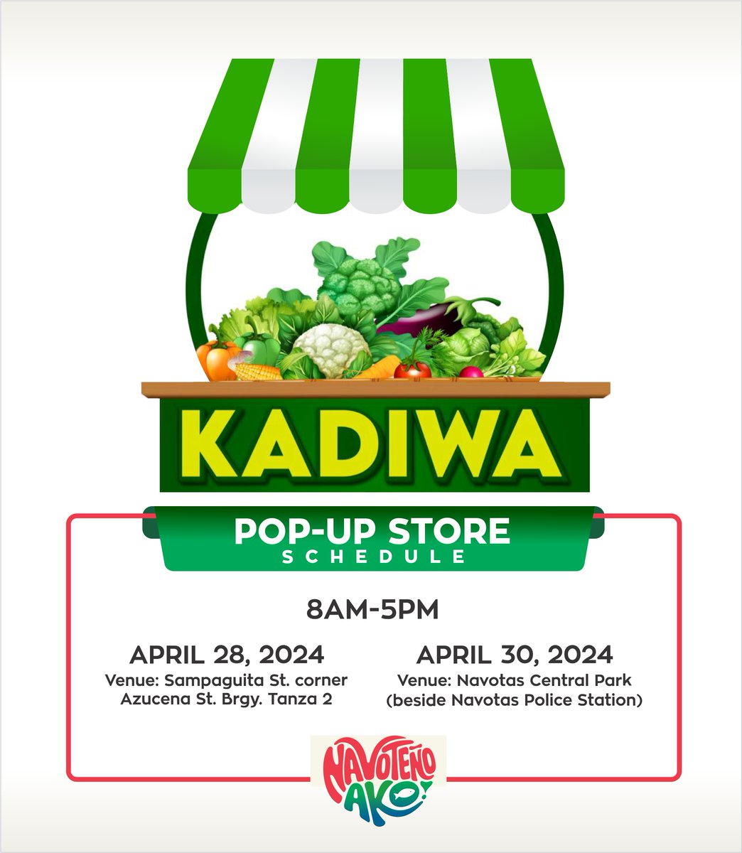 Narito ang schedule ng Kadiwa ng Pangulo at Kadiwa Pop-up Store sa ating lungsod ngayong 2024. Sugod na para sa murang gulay, prutas, at iba pang mga produkto! #KadiwaNgPangulo #KadiwaPopUpStore #Navotas
