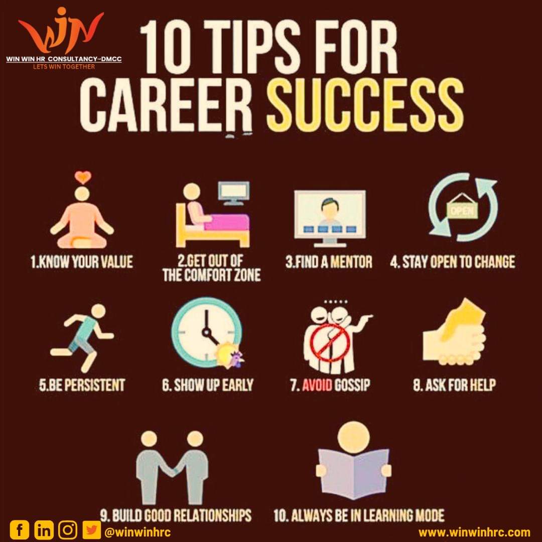 Want to boost your #career? Follow these 10 tips: #valueyourself, #challengeyourself, #findamentor, #embracechange, #nevergiveup, #beearly, #keeplearning, #seekhelp, #networkwell, and #upskill. #careergoals #WinWinHRC #viralvideo #dubai #HR #Job