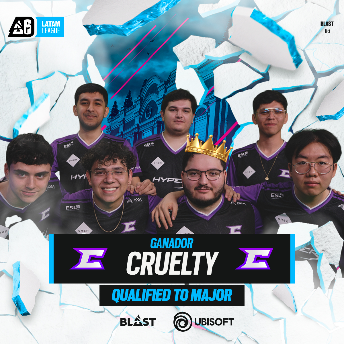 R6esportsES's tweet photo. 🏆 La crueldad llegó para demostrar que el trabajo duro y la constancia materializan los sueños.
@eTeamCruelty es el encargado de representar a la región en #SixMajor de Manchester 🔥
@MeDicenToski 👑
@Rovi_R6
@Pyroxsito
@Ivangunss
@rnotumbo
@L1m0n4d4_R6
¡FELICIDADES! 🥳 https://t.co/zEgR6TVUKv