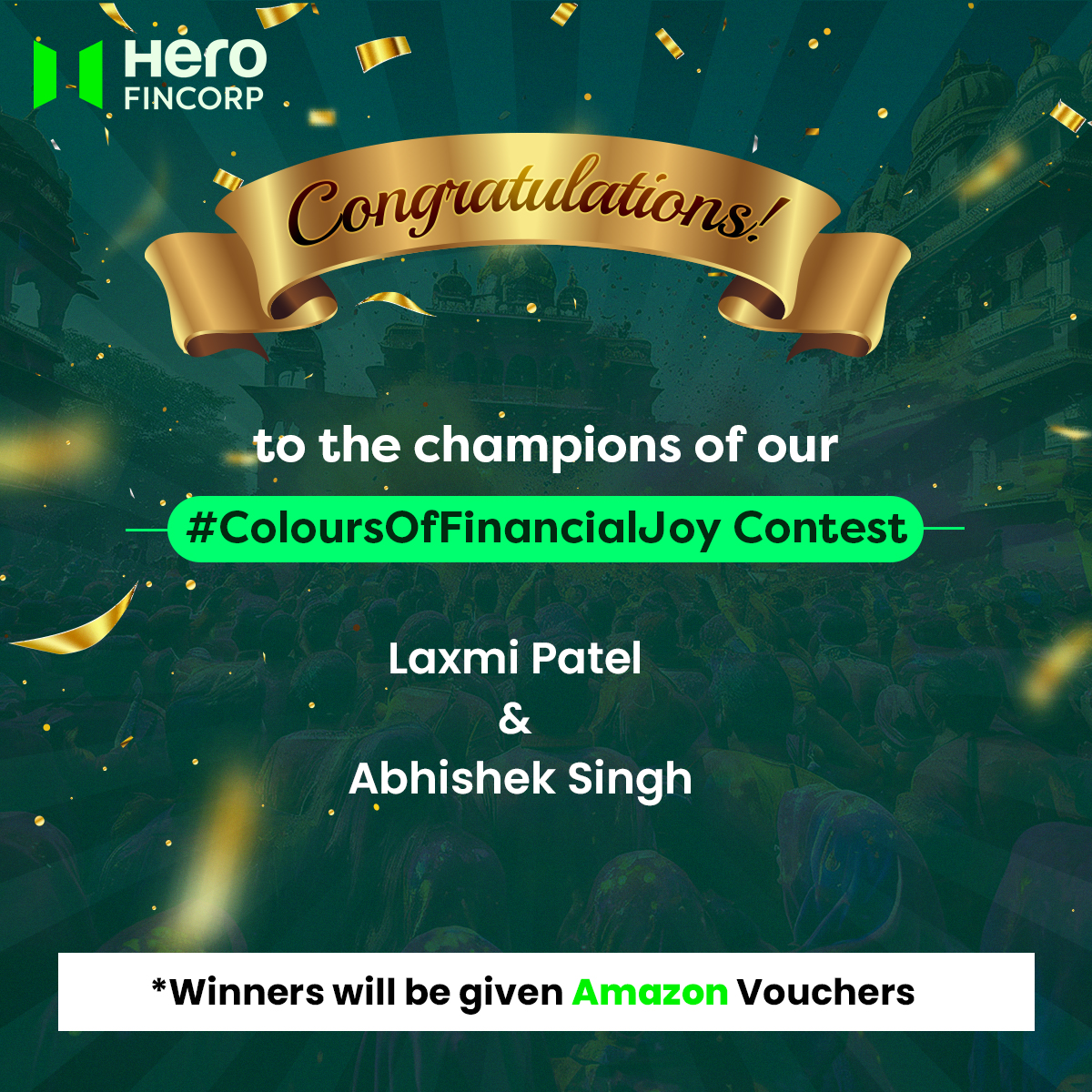 Congratulations to our #ColoursOfFinancialJoyContest winners! Your insights have painted a brighter picture for us all. Enjoy your Amazon Vouchers! 🎨💰 #HeroFinCorp #WinnersAnnounced #Congratulations #AmazonVoucher