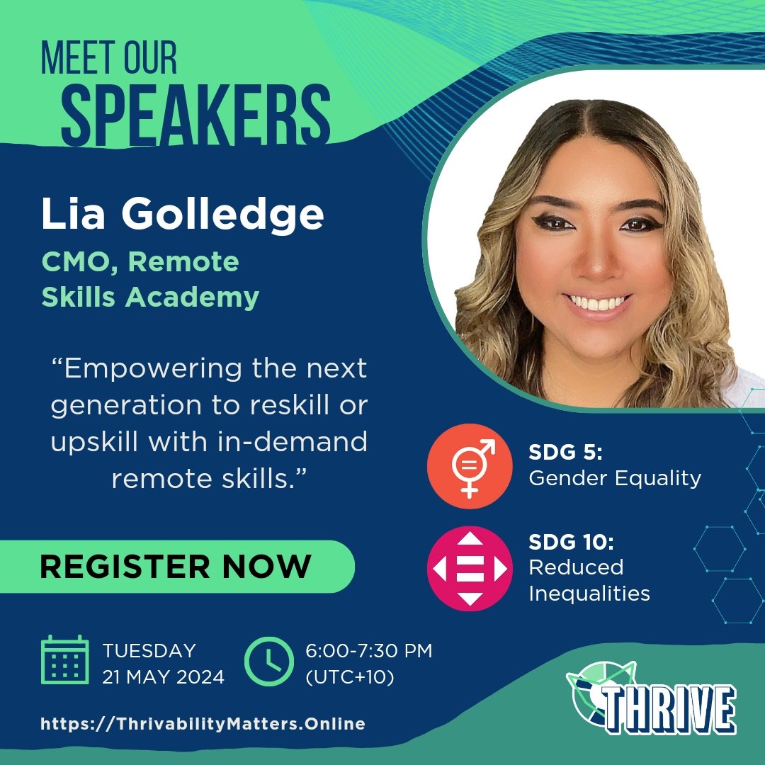 Join THRIVE and Lia Golledge on Tuesday May 21, 2024 from 6pm UTC +10 for May's Thrivability Matters Webinar.

thrivabilitymatters.online

#ThrivabilityMatters #SDG5 #SDG10 #Equality #Empowerment #RemoteSkills #DigitalMarketing #VirtualAssistance #GirlsInTech #Education #Webinar