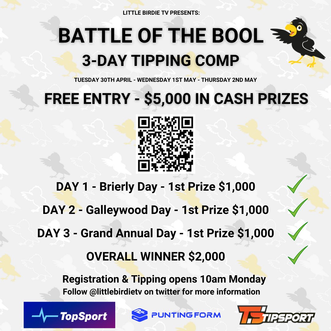 Battle Of The Bool - Free Tipping Comp 🚜 🚧🏇 Registration 30 seconds😀 Submit Tips 1 min⏱️ Now Open app.tipsport.com.au/join/bool Tip 1 day or all 3 to win the Major Prize💵