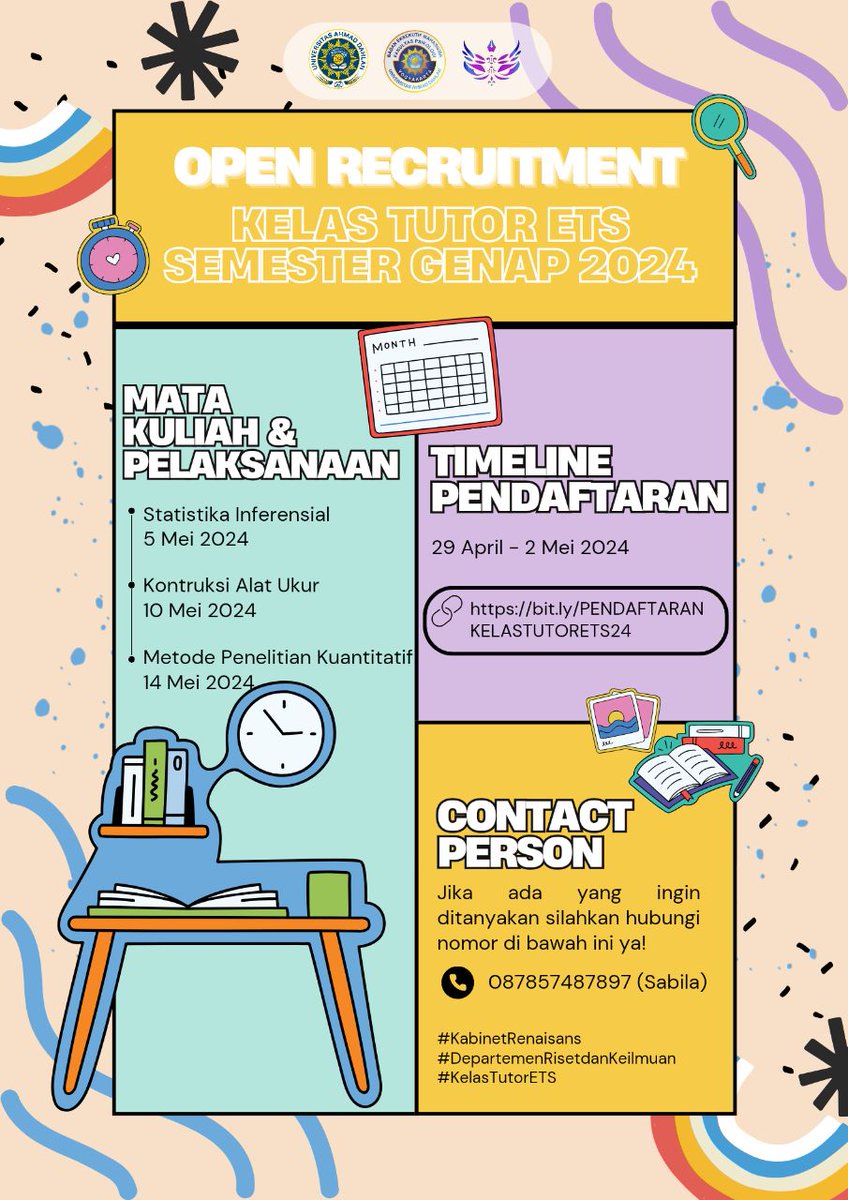 bemfapsiuad's tweet photo. [DEPARTEMEN RISET DAN KEILMUAN BEM]

Halo Psychofams 👋🏻

Departemen Riset dan Keilmuan BEM Fakultas Psikologi Kabinet Renaisans akan mengadakan Kelas Tutor khusus semester 2 dan semester 4 untuk persiapan ETS mendatang 📑 https://t.co/tKL9OeHiIN