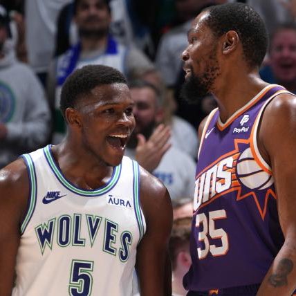 RTNBA's tweet photo. Anthony Edwards on Kevin Durant: 

“I got the utmost respect for KD… I’ve watched every one of his games since I was 5. I love that guy. I’m excited to play with him this summer, talk a little trash and let him know I sent him home.” https://t.co/RouiAguLDQ