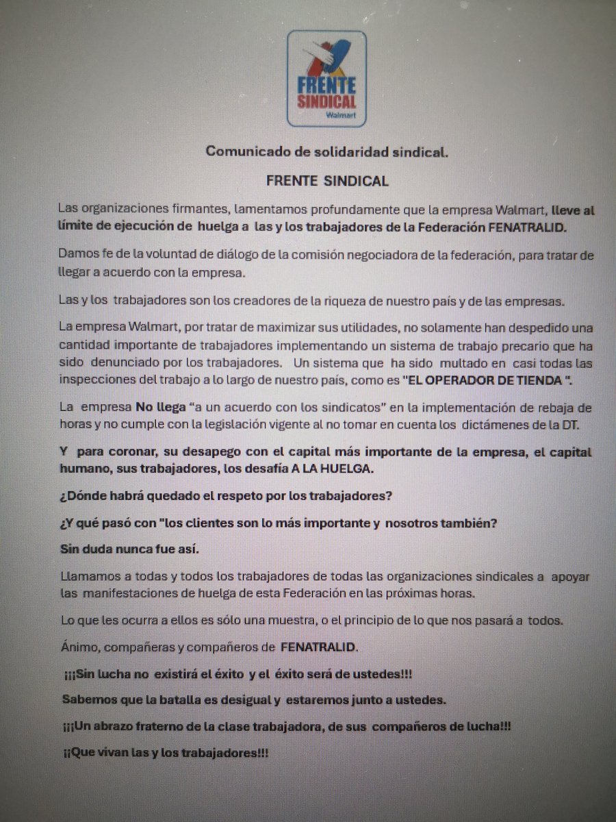 Puede ser increíble para algunos que la empresa Walmart se encuentre presionando a sus trabajadores a ir a Huelga, porque no quieren negociar a la baja sus derechos y beneficios laborales.
<a href="/jeannette_jara/">Jeannette Jara Román</a> <a href="/CommerceUni/">UNI Commerce</a> <a href="/AndresGiordanoS/">Andrés Giordano Diputado D9</a> <a href="/KarolCariola/">Karol Cariola Oliva</a> <a href="/UTDTrabajoDigno/">Unidad por Trabajo Digno</a>