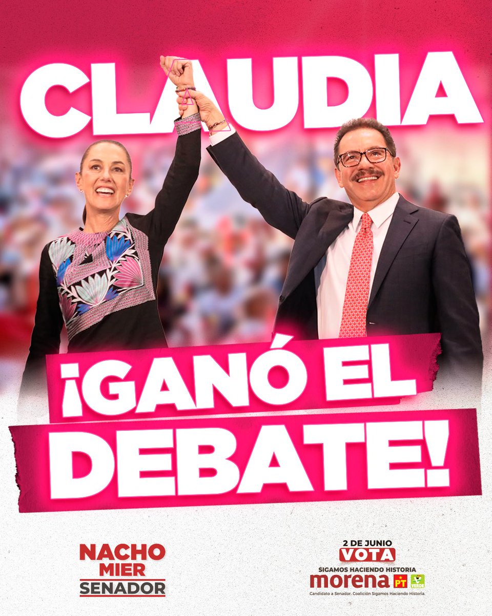 No cabe duda que el #SegundoDebateINE, lo ganó @Claudiashein. Con el respaldo del pueblo de #México, cada día estamos más cerca de iniciar el el segundo piso de la transformación. ¡Hasta la victoria, #ClaudiaPresidenta! 🙋🏻‍♀️🇲🇽 #ClaudiaArrasaDebate