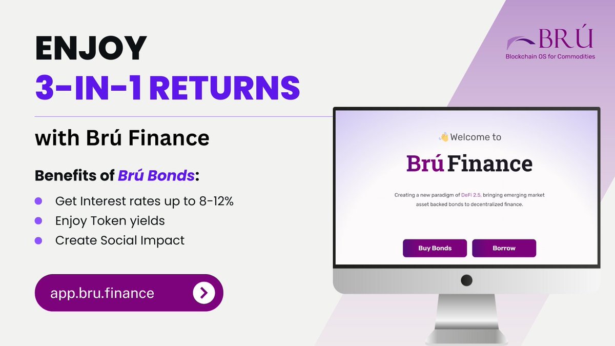 bru_finance's tweet image. RWA Tokenization is happening... and it&apos;s happening on @bru_finance! 

Tokenize your assets on-chain and enjoy 3-in-1 benefits  

1. Get Interest rates up to 8-12% 
2. Token yields 
3. Create Social Impact  

Real Assets , Real Returns 👌

#AssetTokenization #DeFi #CryptoAssets…