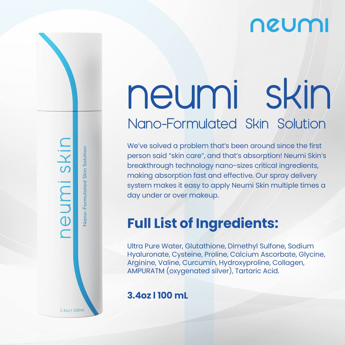 Ingredients You Can Trust
Neumi Skin uses our HydraStat™ nano-delivery system to maximize absorption and effectiveness of the following ingredients: glutathione, hyaluronic acid, collagen, and curcumin.

🛒 neumi.com/pa

#neumi #glutathione #skincare #collagen