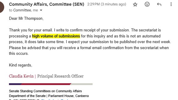 They seem to be processing the 'high volume of submissions' at a glacial pace. The other day I saw only 5 new subs posted. There are currently 111 and it's been that way all day. When is this inquiry due to /report/ @ausgov? 🤨 #Australia aph.gov.au/Parliamentary_…