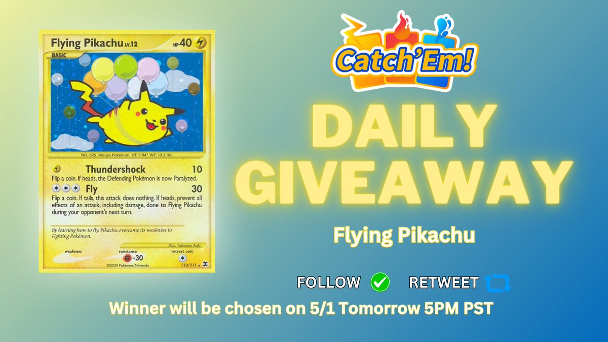 ⚡LAST Daily Giveaway⚡ Win a Flying Pikachu 🎈 Also, 3 people will win a 3,000 point coupon for our site! 🎉🎉🎉 To enter the draw: ☁️Follow 📲 ☁️Repost 🔁 Winner announced 5/1, TOMORROW! Follow for future giveaways 🫶 Check out our site 👇👇👇 catchem.net/?utm_source=tw…