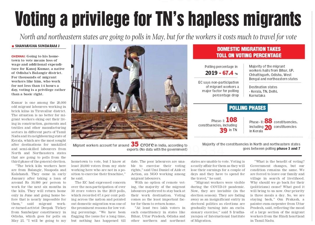 Voting is not a right for 1000s of #MigrantWorkers. Going to their hometowns for voting means loss of wage for days & additional expenditure. So, many of them prefer to stay back. Major parts of Hindi heartland, from where most of the workers come from, goes to poll from phase 3.