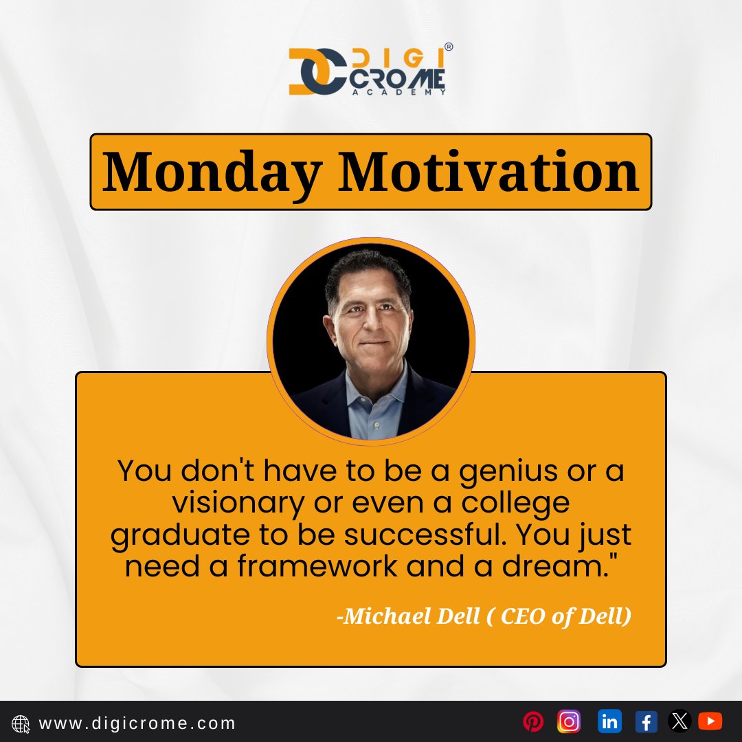 Monday Motivation

You don't have to be a genius or a visionary or even a college graduate to be successful. You just need a framework and a dream. - Michael Dell

#motivationmonday #mondaymotivation  #success #mindset #goals #dreambig #workhard #michaeldell