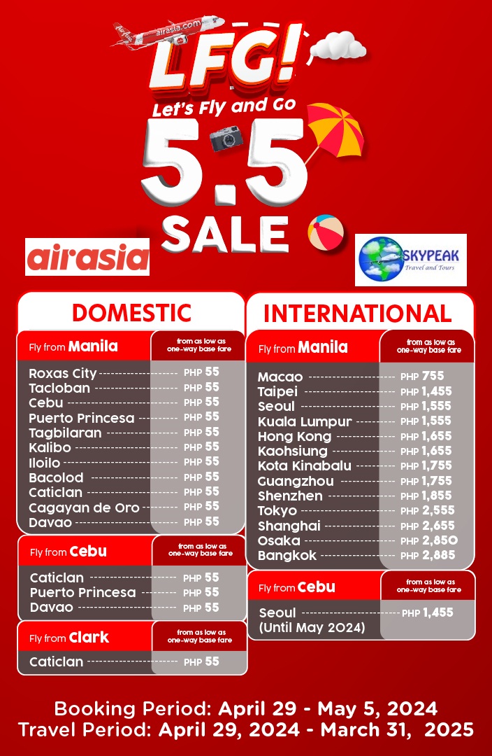 Fly now with AirAsia’s 5.5 SALE from as low as P55 one-way base fare when you fly from Manila/Clark/Cebu! #LFG Let's Fly & Go! Book from Apr 29-May 5, 2024 & travel from Apr 29, 2024-March 31, 2025 Book now at fb.com/skypeaktravela… #FlyAirAsia #Skypeak @airasia @AirAsiaFilipino