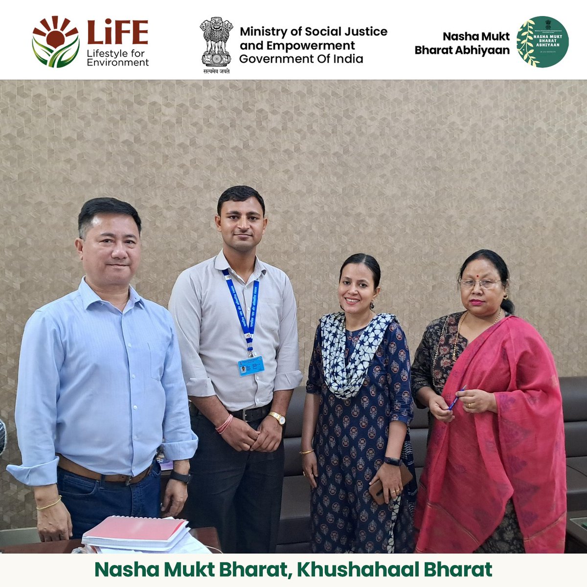 Under NMBA, a review meeting was organized with Shri Bhaskar Jyoti Manta (ACS), Director, Smt. Rashmi Baruah Gogoi (ACS), Joint Director, Smti. Mira Das Boro, Jt. Director, and Aditya Singh, PMU. @Drvirendrakum13 @MSJEGOI @_saurabhgarg @UNODC @SMILE_MoSJE #nmba #drugfreeindia