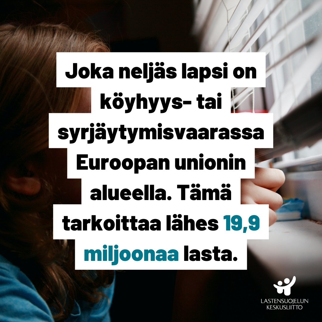 Joka neljäs lapsi on köyhyys- tai syrjäytymisvaarassa EU:n alueella. ❌ Kesäkuun eurovaaleissa valittavien parlamentaarikoiden on yhdessä varmistettava, että EU torjuu tehokkaasti lapsiköyhyyttä! Lue lisää blogista: lskl.fi/blog/euroopan-… #eurovaalit #lapsiköyhyys