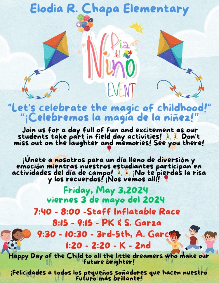 🎉 Calling all parents! You're invited to our Día del Niño event Friday, May 3,2024! 🌟Join us for a day full of fun and excitement as our students take part in field day activities! Don't miss out on the laughter and memories! See you there! #DiaDelNiño #FieldDayFun #FamilyEvent