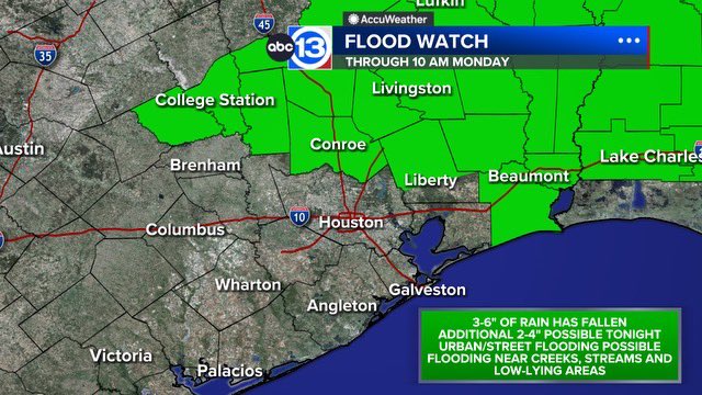 Elyse Smith - ABC13 (@abc13elyse) on Twitter photo A moment to talk about the heavy rain & flooding. We have reports of swift and high water rescues taking place in our northern counties. Monday you will not want to chance driving through waterlogged roads with how quickly things have escalated tonight. Stay safe! <a href="/abc13houston/">ABC13 Houston</a> A moment to talk about the heavy rain & flooding. We have reports of swift and high water rescues taking place in our northern counties. Monday you will not want to chance driving through waterlogged roads with how quickly things have escalated tonight. Stay safe! <a href="/abc13houston/">ABC13 Houston</a>