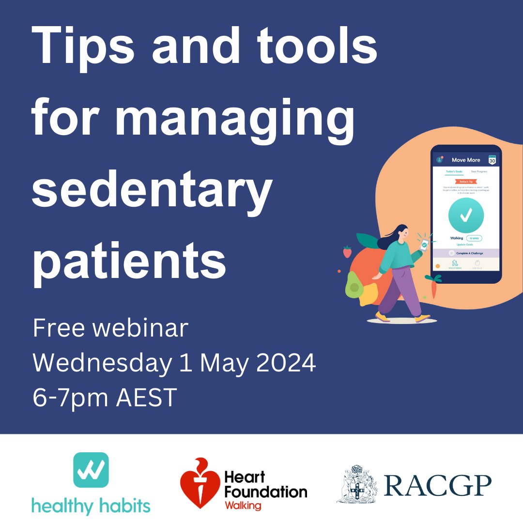 Don’t miss the free webinar this Wednesday!
Join Prof @DavidWDunstan as he discusses tips and tools for managing sedentary patients.
🗓️6pm, Wed 1-May. 
Register now: bit.ly/3UBpN41

@deakinresearch @BakerResearchAu @heartfoundation @RACGP