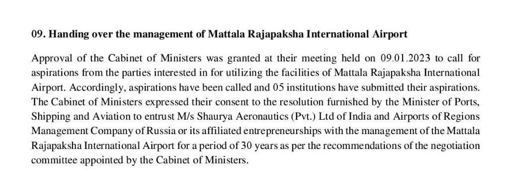 🇮🇳 Applauding Hon'ble PM Shri @narendramodi ji's global leadership: - Sri Lankan Cabinet approves management transfer of Mattala Rajapaksa International Airport to India-Russia companies. - Demonstrates PM #Modi ji's commitment to fostering international partnerships. - Shows…