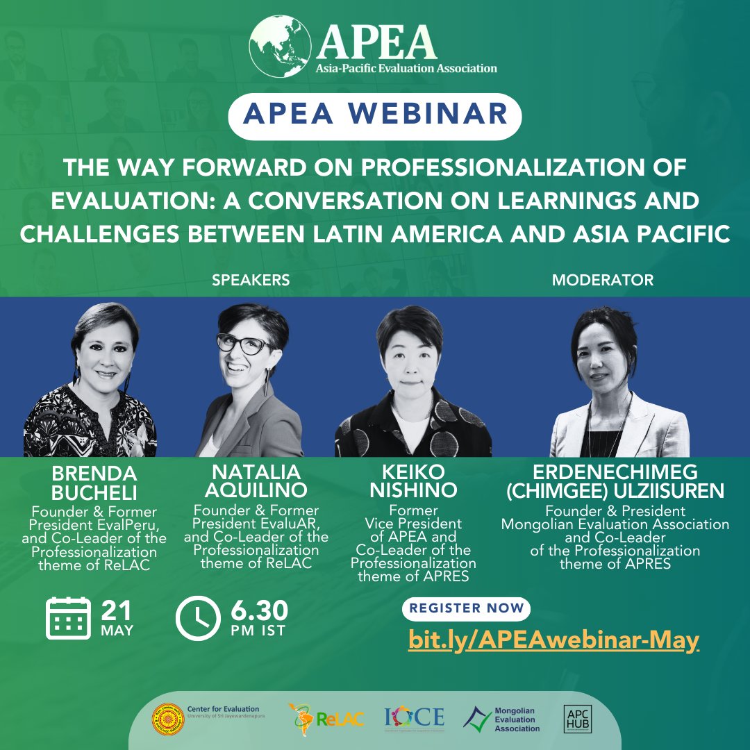 🌟Dive into the professionalization of evaluation!
Join the #APEAwebinar: 'The Way Forward on Professionalization of Evaluation: A Conversation on Learnings and Challenges between Latin America and Asia Pacific.'

🗓 21st May 2024 | 6.30 PM IST
🎟 bit.ly/APEAwebinar-May

#APChub