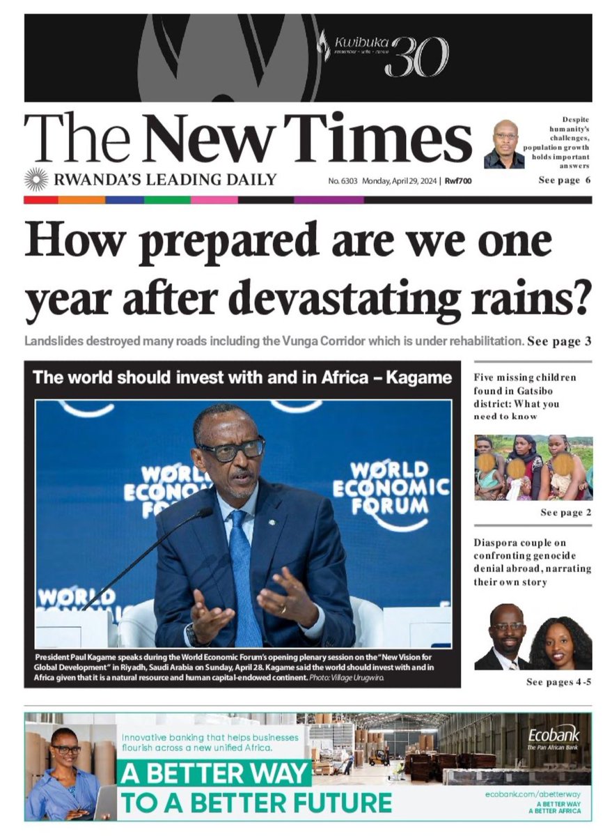 The New Times front page of Monday, April 29, 2024 EPAPER.NEWTIMES.CO.RW