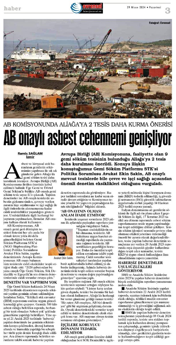 ☠️Asbest cehennemi genişliyor

AB Komisyonuna, faaliyette olan 9 gemi söküm tesisinin bulunduğu Aliağa’ya 2 tesis daha kurulması önerildi